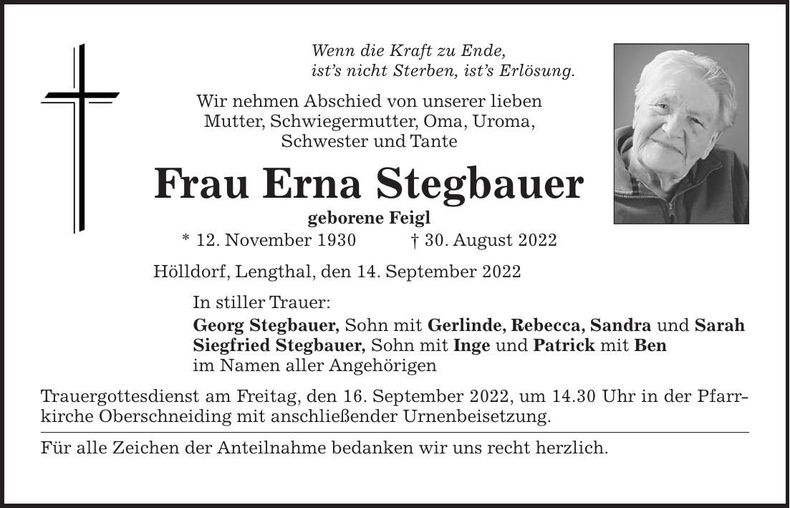 Traueranzeige Erna Stegbauer