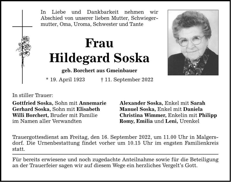 Traueranzeige Hildegard Soska