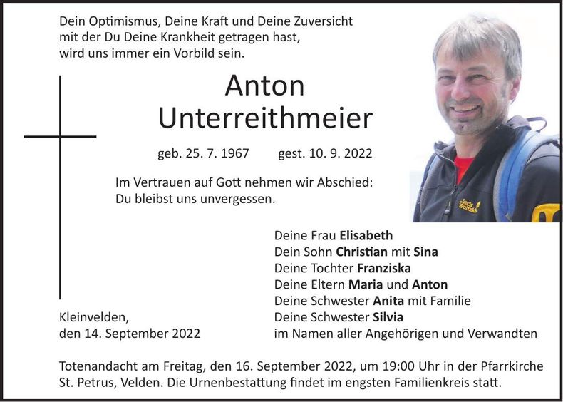 Traueranzeige Anton Unterreithmeier