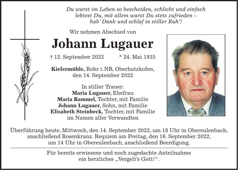 Traueranzeige Johann Lugauer