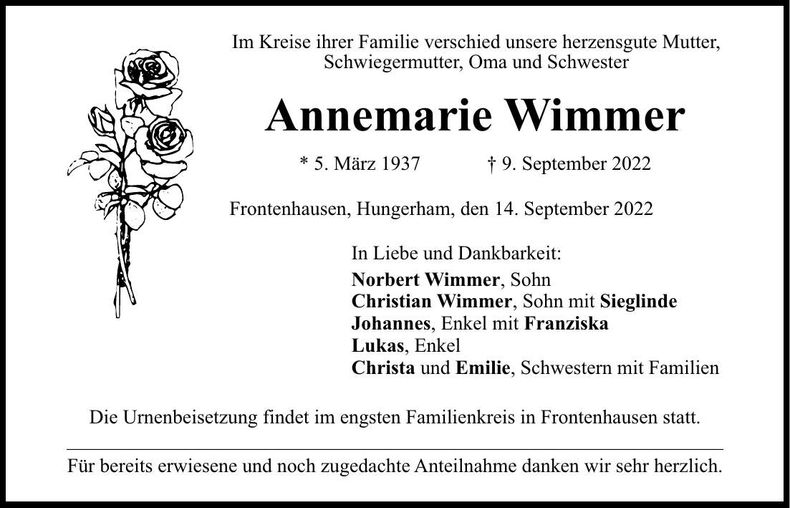 Traueranzeige Annemarie Wimmer