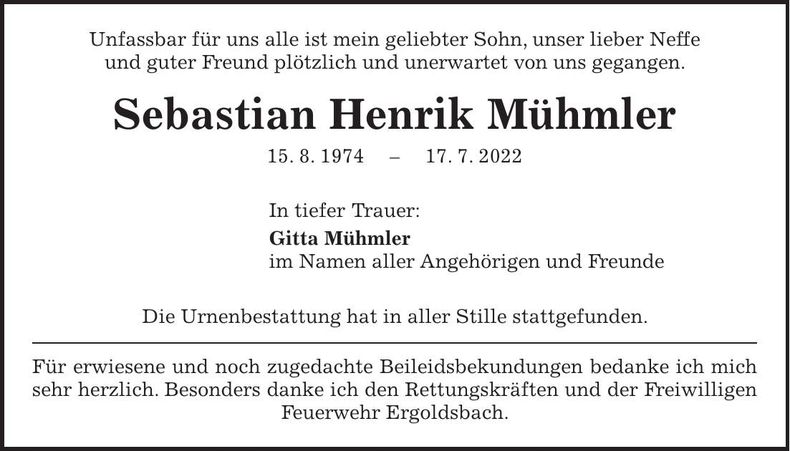 Traueranzeige Sebastian Henrik Mühmler