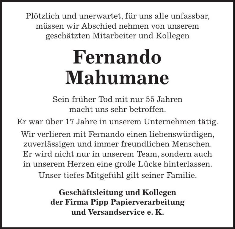 Traueranzeige Fernando Mahumane