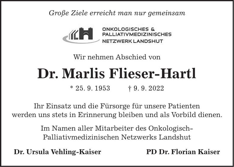 Traueranzeige Marlis Dr. Flieser-Hartl