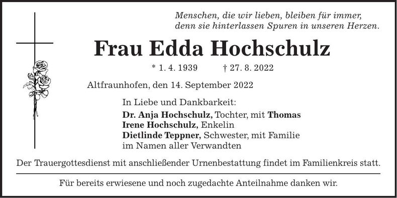 Traueranzeige Edda Hochschulz