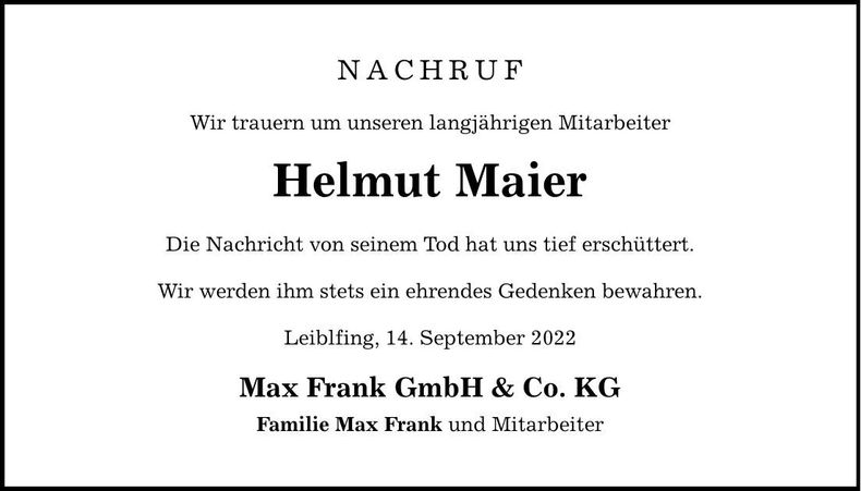 Traueranzeige Helmut Maier