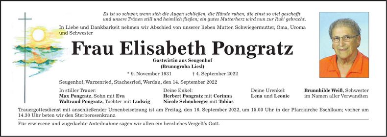 Traueranzeige Elisabeth Pongratz
