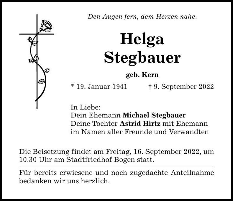 Traueranzeige Helga Stegbauer