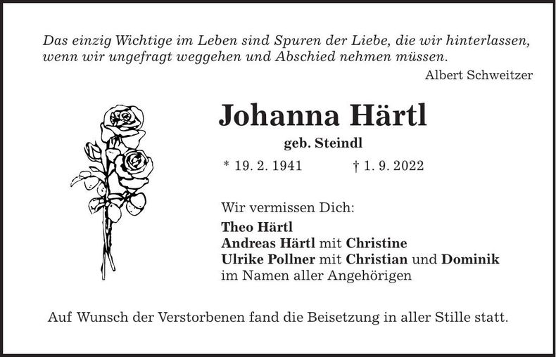Traueranzeige Johanna Härtl