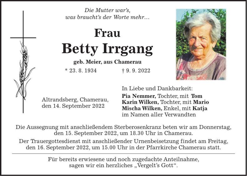Traueranzeige Betty Irrgang