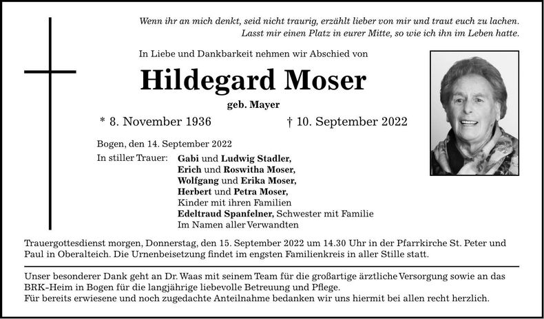Traueranzeige Hildegard Moser