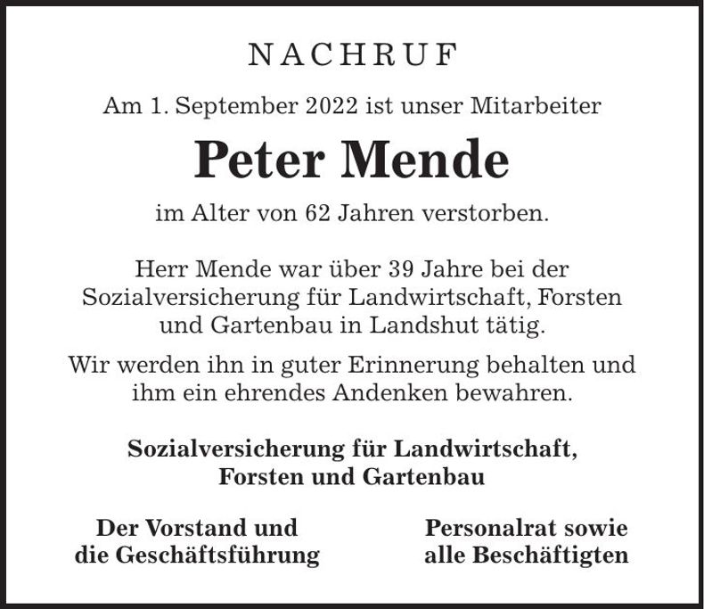 Traueranzeige Peter Mende