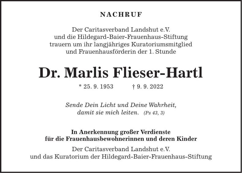 Traueranzeige Marlis Dr. Flieser-Hartl