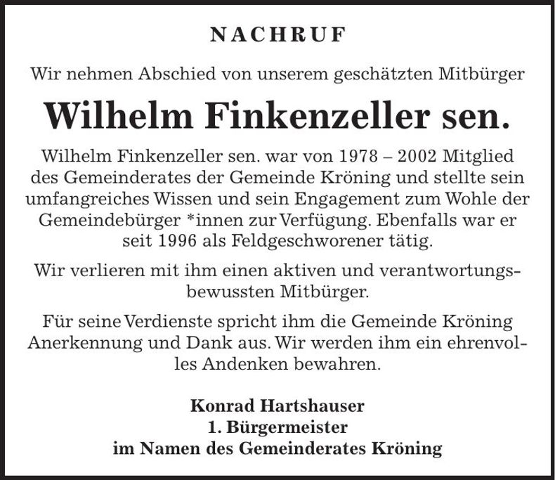 Traueranzeige Wilhelm Finkenzeller