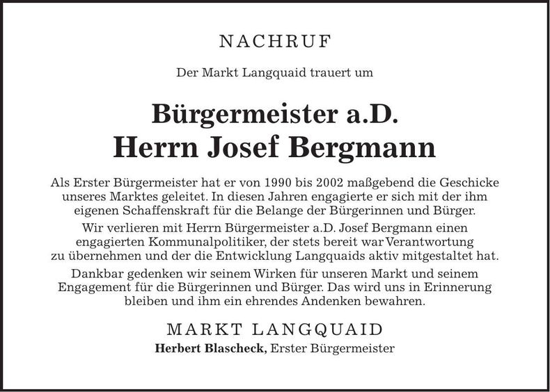 Traueranzeige Josef Bergmann