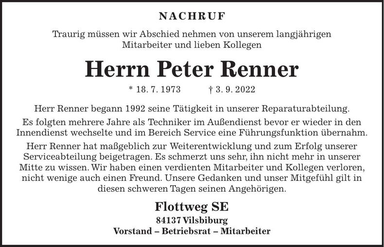 Traueranzeige Peter Renner