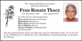 Traueranzeige Renate Tkocz