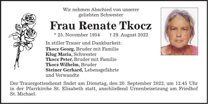 Traueranzeige Renate Tkocz