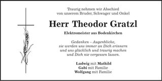 Traueranzeige Theodor Gratzl