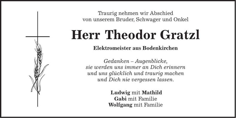 Traueranzeige Theodor Gratzl