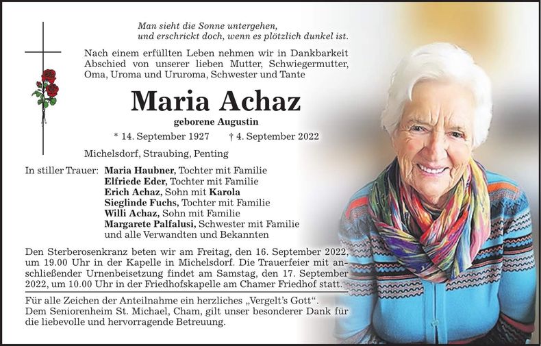 Traueranzeige Maria Achaz