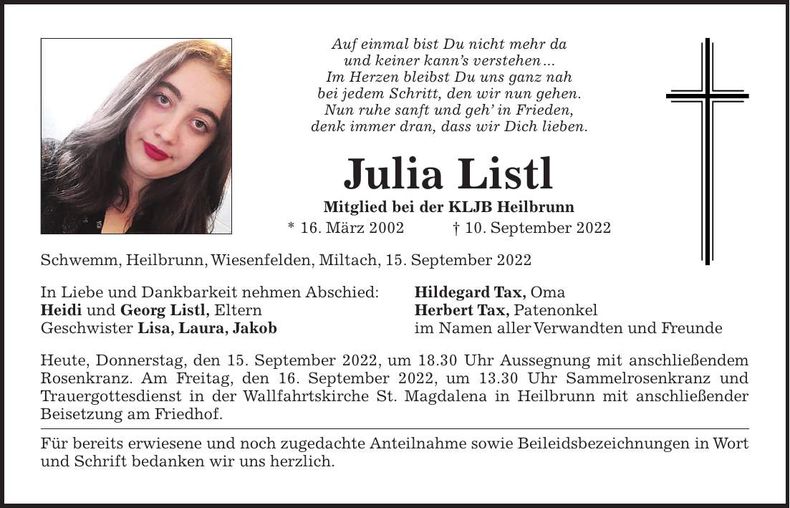 Traueranzeige Julia Listl