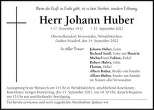 Traueranzeige Johann Huber