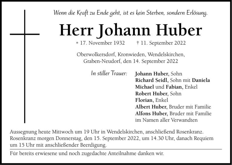 Traueranzeige Johann Huber