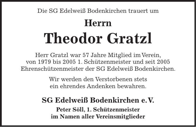 Traueranzeige Theodor Gratzl