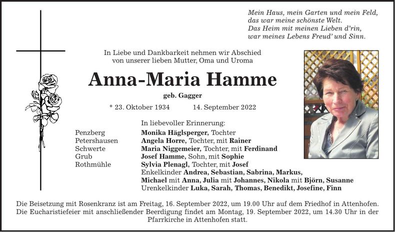 Traueranzeige Anna-Maria Hamme