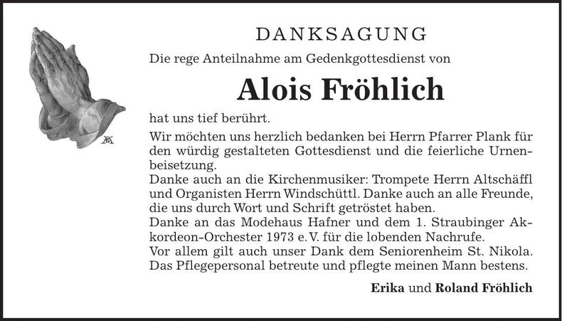 Traueranzeige Alois Fröhlich