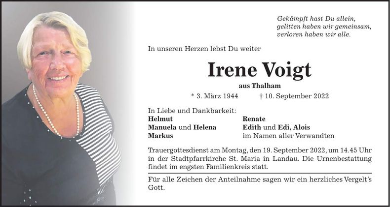 Traueranzeige Irene Voigt