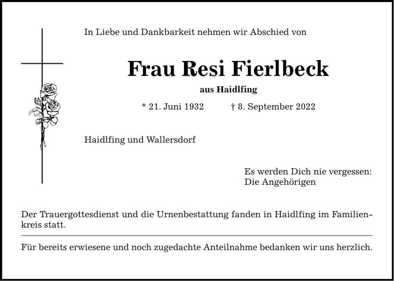 Traueranzeige Resi Fierlbeck