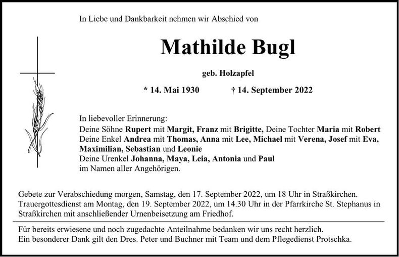 Traueranzeige Mathilde Bugl