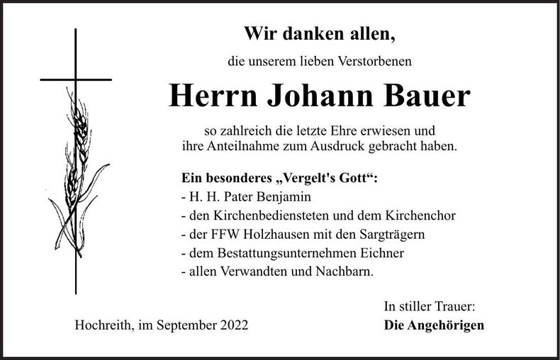 Traueranzeige Johann Bauer