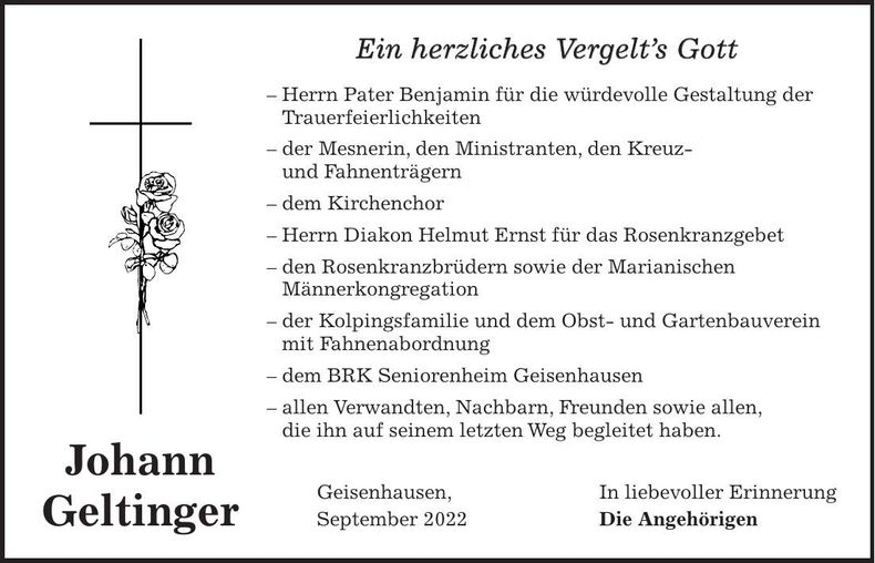 Traueranzeige Geltinger Johann