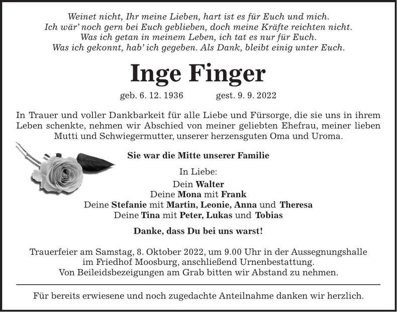 Traueranzeige Inge Finger