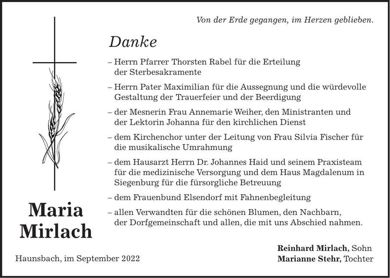 Traueranzeige Maria Mirlach