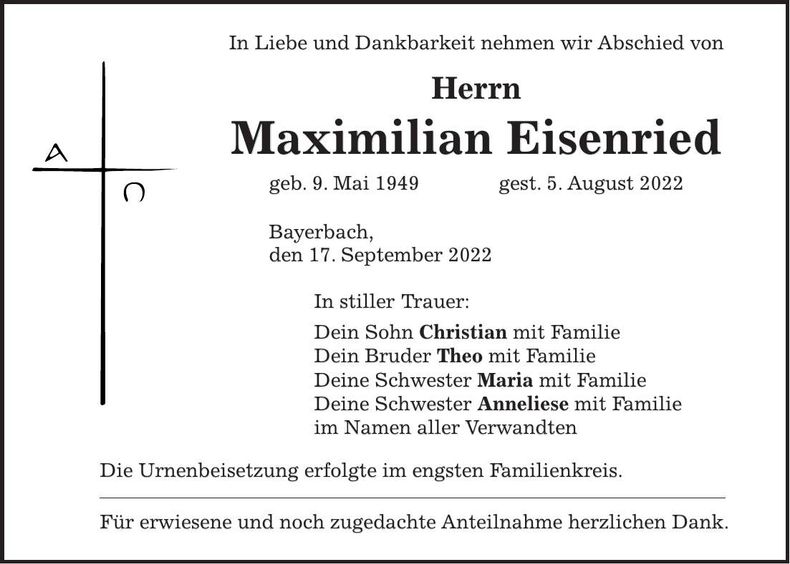 Traueranzeige Maximilian Eisenried