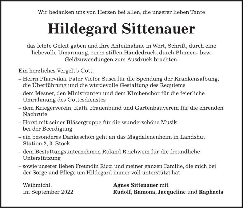 Traueranzeige Hildegard Sittenauer