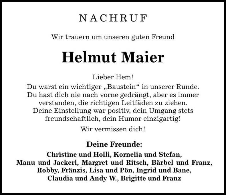 Traueranzeige Helmut Maier