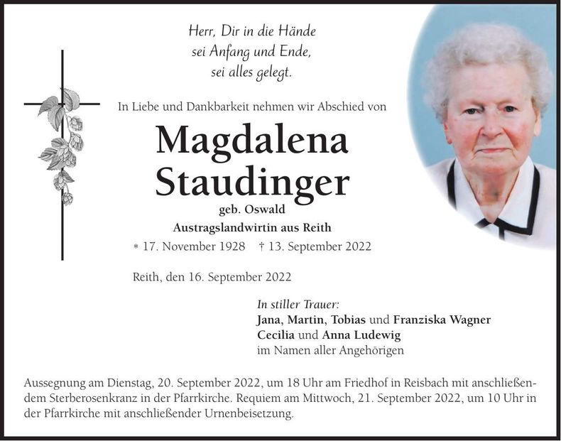 Traueranzeige Magdalena Staudinger