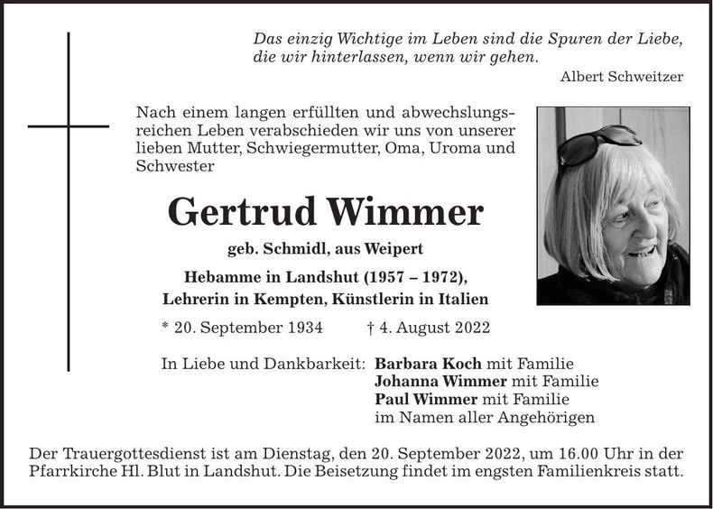 Traueranzeige Gertrud Wimmer