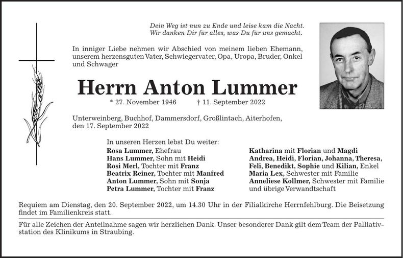 Traueranzeige Anton Lummer