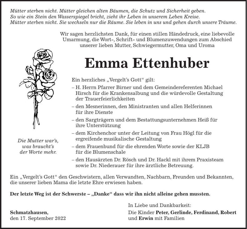 Traueranzeige Emma Ettenhuber