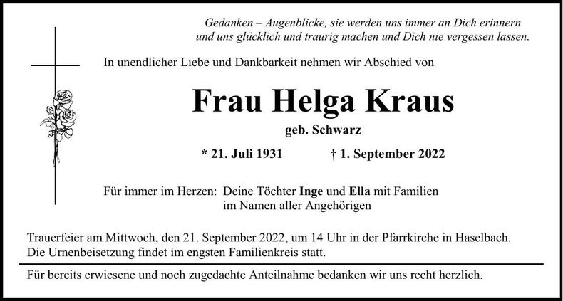 Traueranzeige Helga Kraus