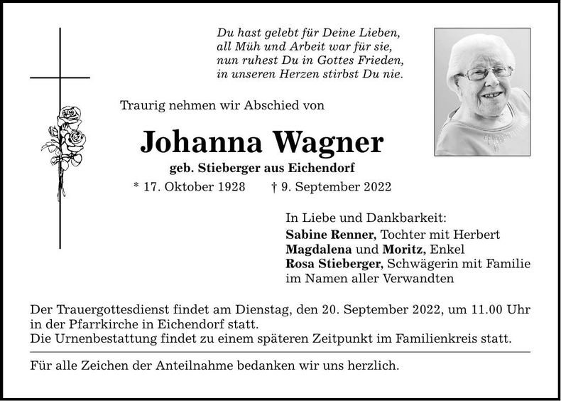 Traueranzeige Johanna Wagner