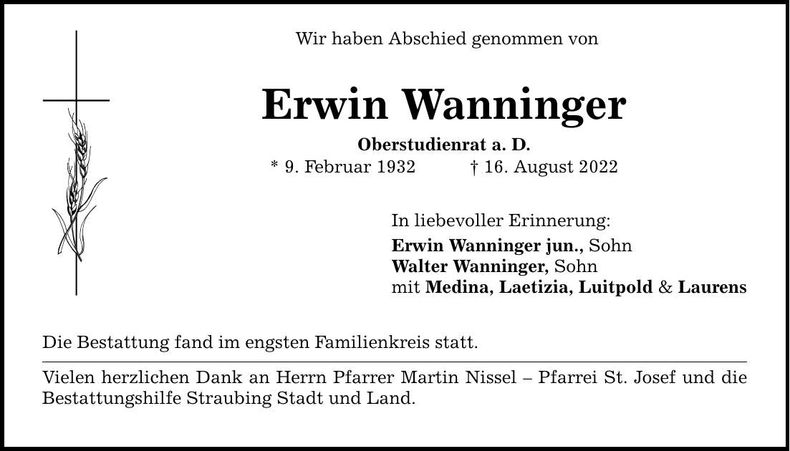 Traueranzeige Erwin Wanninger