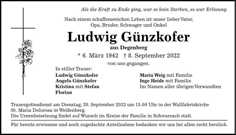 Traueranzeige Ludwog Günzkofer