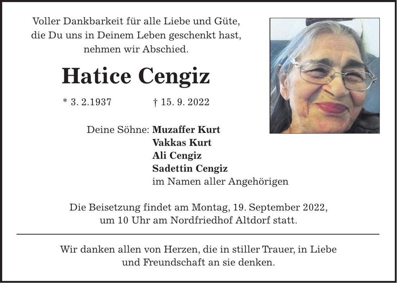 Traueranzeige Hatice Cengiz